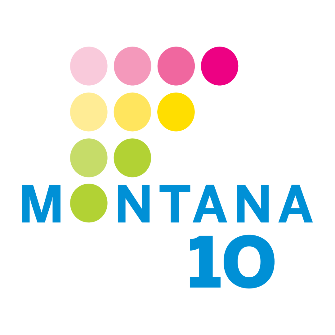 A white circular logo with multicolored dots forming a triangle and the O in text that says Montana 10