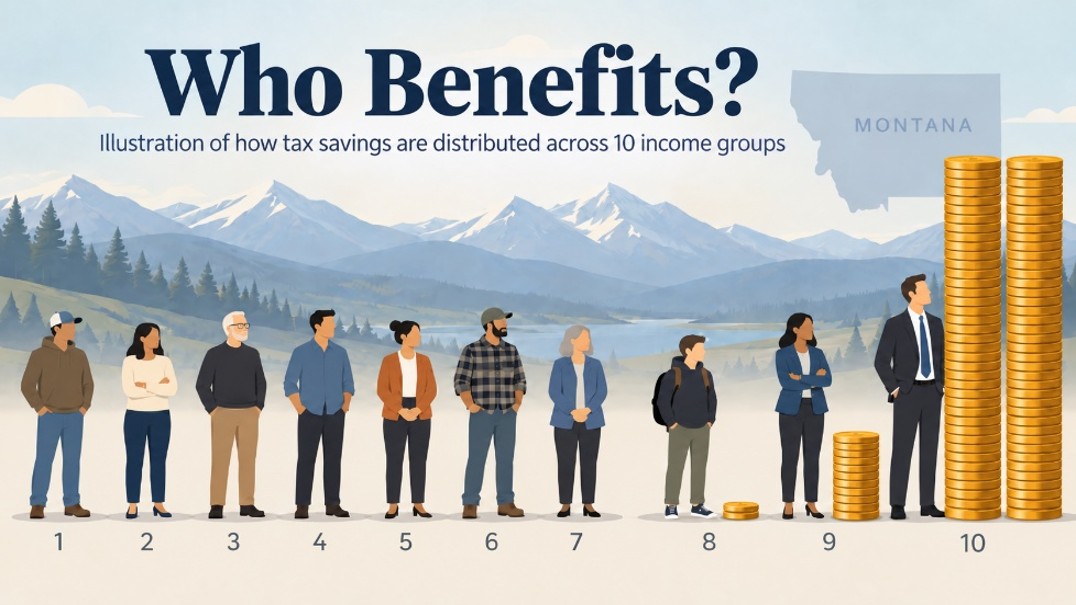 Flat Income Tax illustrate the distribution of proposed Montana income-tax savings across ten income groups, with the first seven groups receiving 0%, the eighth 2%, the ninth 10%, and the top group 88%.
