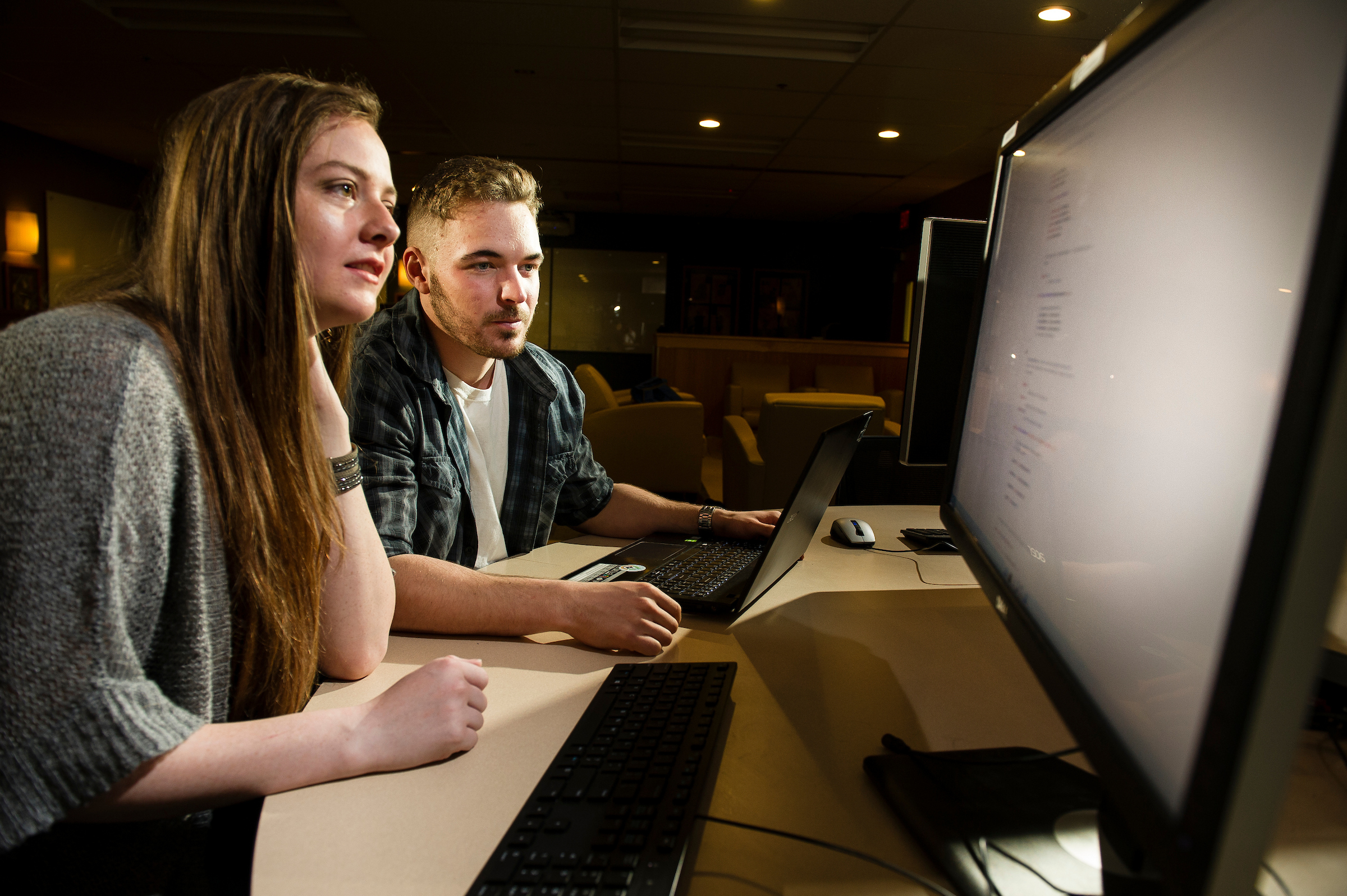 Two students looking at a computer screen. One student has a laptop in front of them.