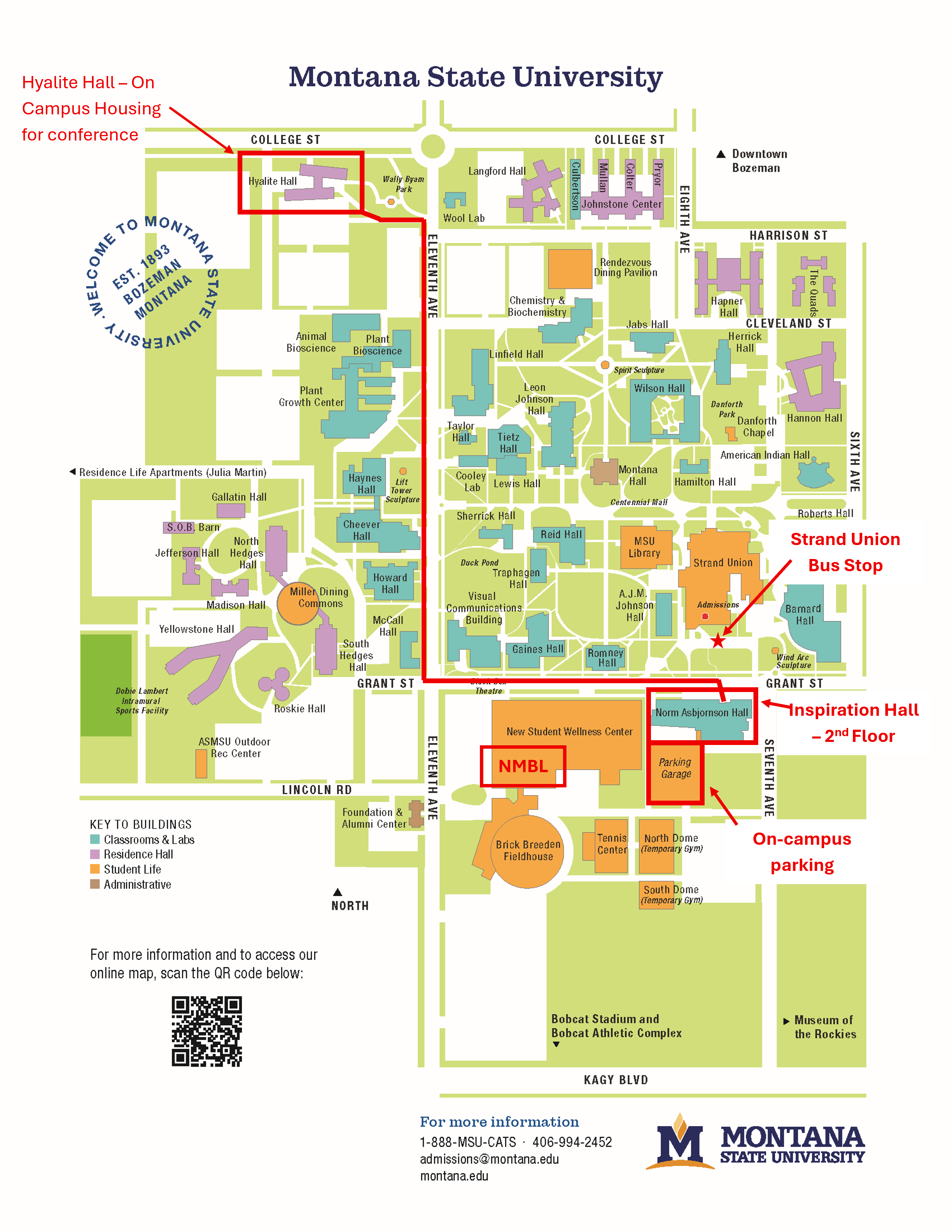 NWBS 2026 Event Map NWBS 2026 Event Map, including the location of Hyalite off College St, Norm Asbjornson Hall off Grant St, Bus Stop at the Strand Union Building, and Neuromuscular Biomechanics Lab located in the Student Wellness Center, Suite 218.