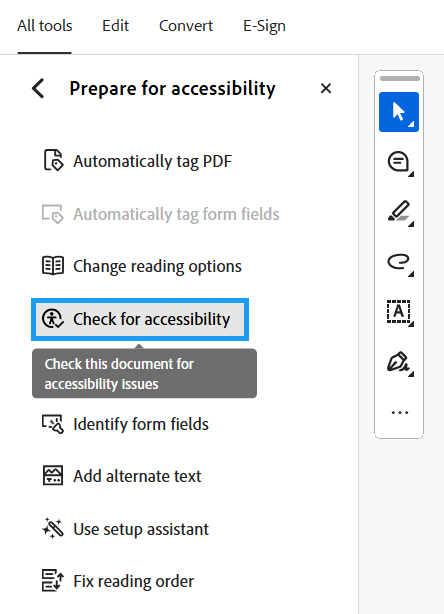 List of Adobe Acrobat accessibility options with Check for Accessibility highlighted