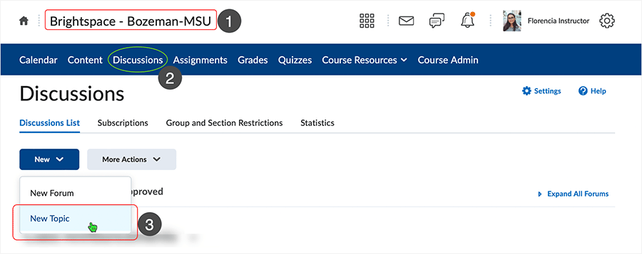 Brightspace screenshot 20.23.04 - select "New Topic" button