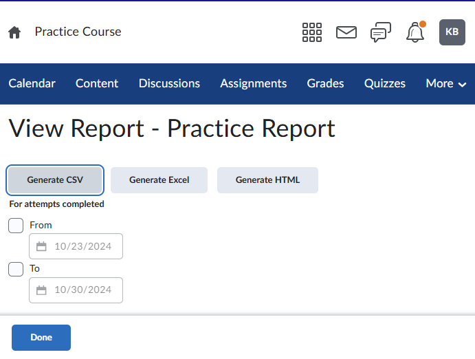 view quiz report page with the option to generate into csv, excel, or HTML