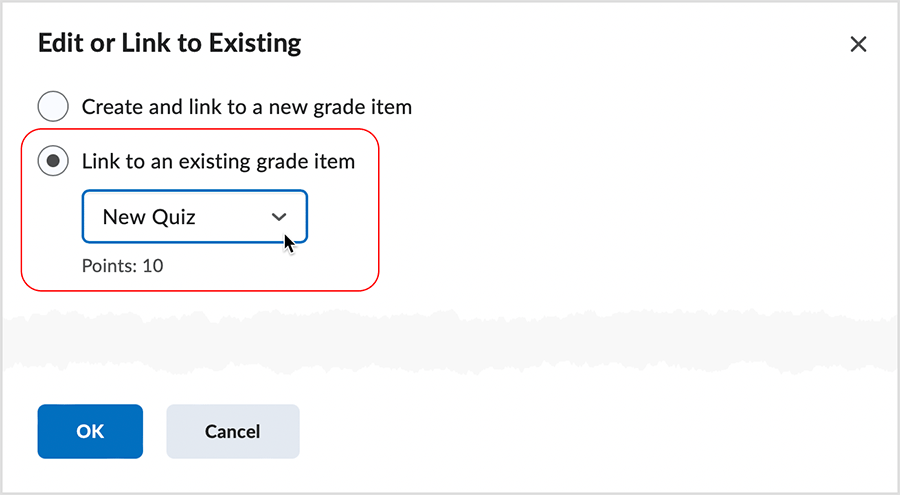 Brightspace screenshot 20.22.12 - detail related to selecting the "Link to an existing grade item" option