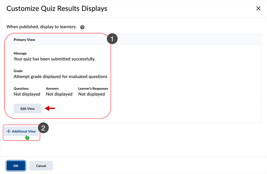 Brightspace screenshot 20.23.02 - "Primary View" of Quiz Results Displays