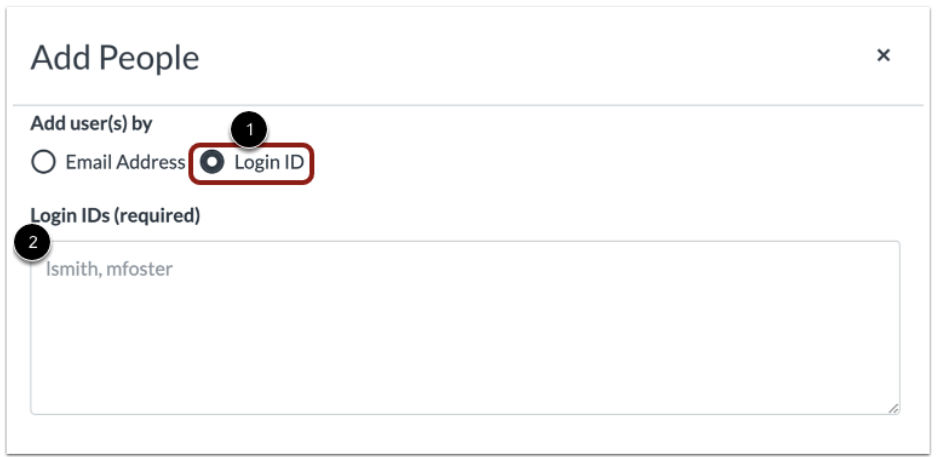 canvas window with the login Id option for adding people to the courseoutlined