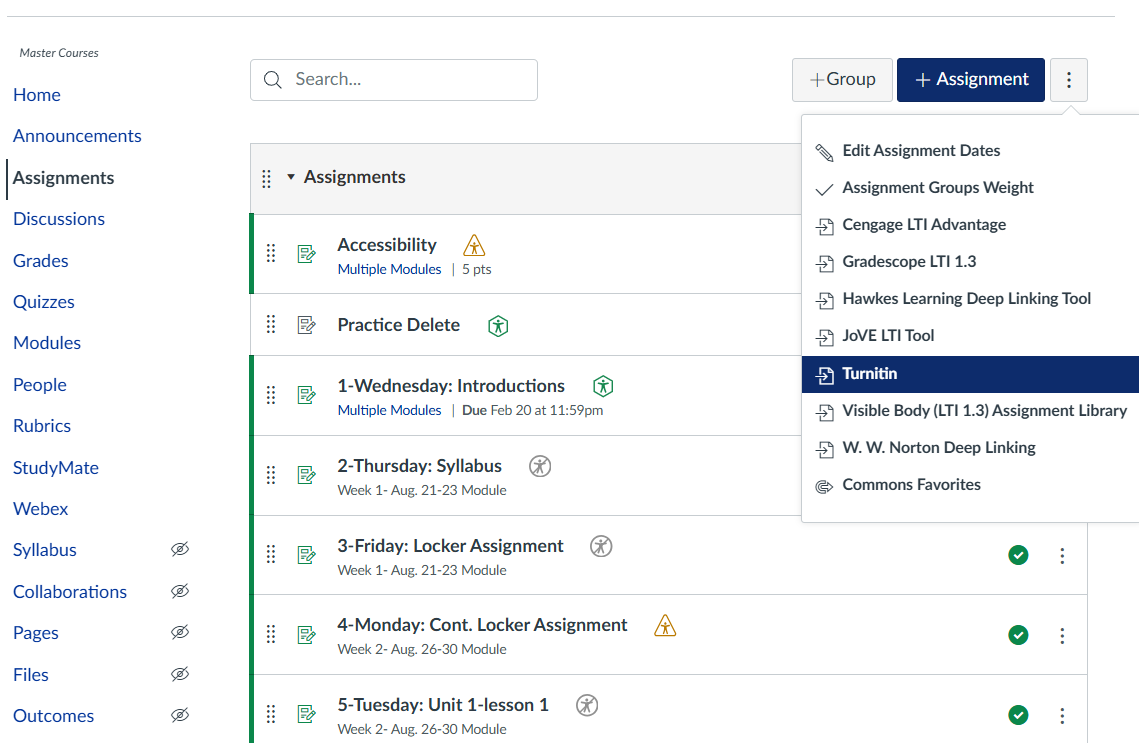 turnitin option from the 3 dots next to the +assignments in canvas