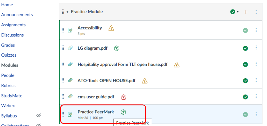 peermark assignment outlined in red in a module