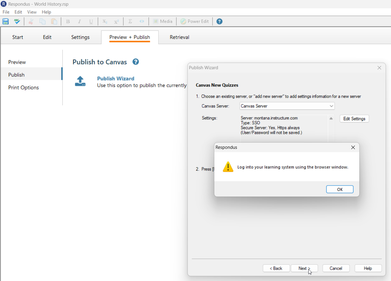respondus server page with a small window saying to log into Canvas using a new browser