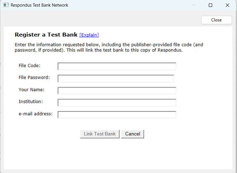register the test bank with fields for entering a file and password