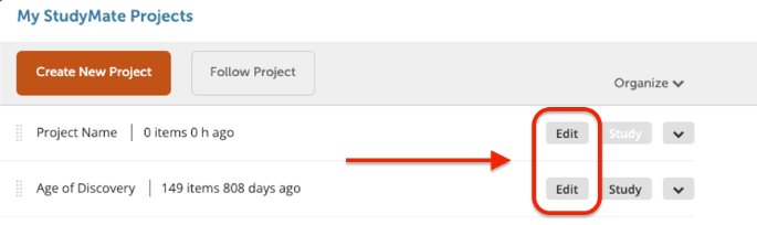 studymate project page with edit button outlined in red