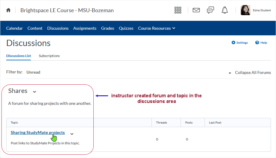 Brightspace_StudyMate screenshot 20.19.10 - learner is selecting the "Sharing StudyMate projects" topic link