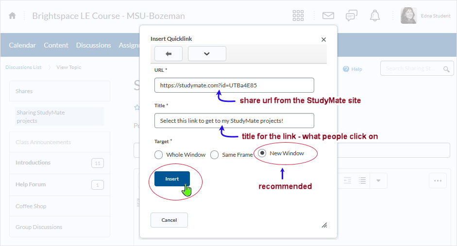 Brightspace_StudyMate screenshot 20.19.10 - fill out the appropriate variables in the "Insert Quicklink" dialogue box