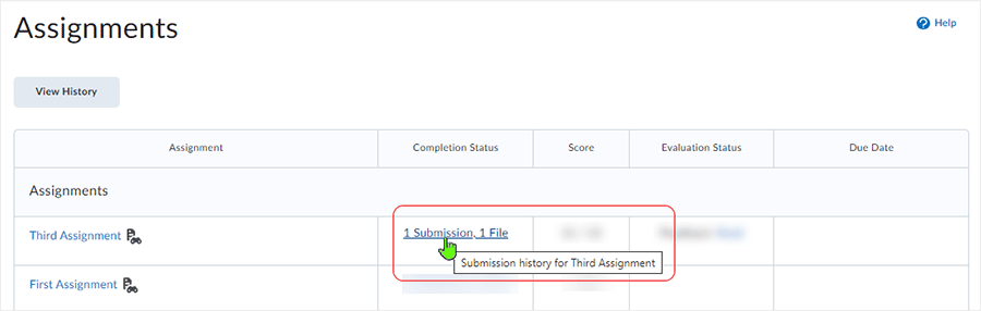 Brightspace screenshot 20.22.11 - selecting the link associated with the Assignment submission via the "Completion Status" column