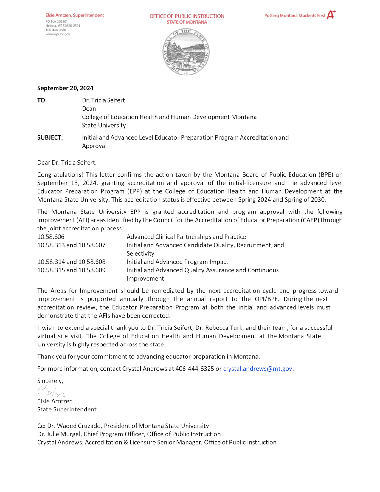 Board of Public Education Letter of Accreditation - Text follows