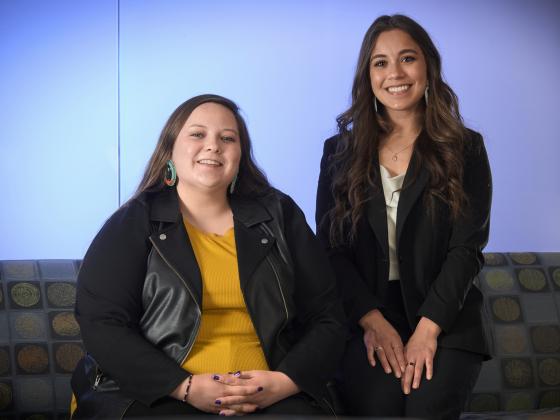 Montana State graduate counseling students Jenaya Burns, left, and Ileana “Illy” Dinette pose for a portrait in Reid Hall on April 13, 2023, in Bozeman. Burns and Dinette both recently received the National Board for Certified Counselors Minority Fellowship for Addiction Counselors. MSU photo by Colter Peterson