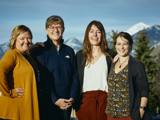 Montana State University and its partners have received a $4.1 million grant for a five-year project designed to train school and mental health counselors to work in rural areas of Montana, with a focus on developing partnerships in those communities. Professors Rebecca Koltz, left, along with her MSU colleagues Jayne Downey, center left, Anna Elliott, right, and University of Montana professor Kirsten Murray, will direct the project. MSU photo by Adrian Sanchez-GonzalezMSU Photo by Adrian Sanchez-Gonzalez