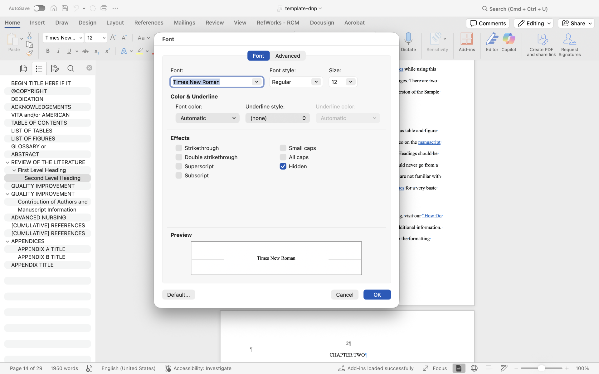 Image showing the "hidden" option under fonts.