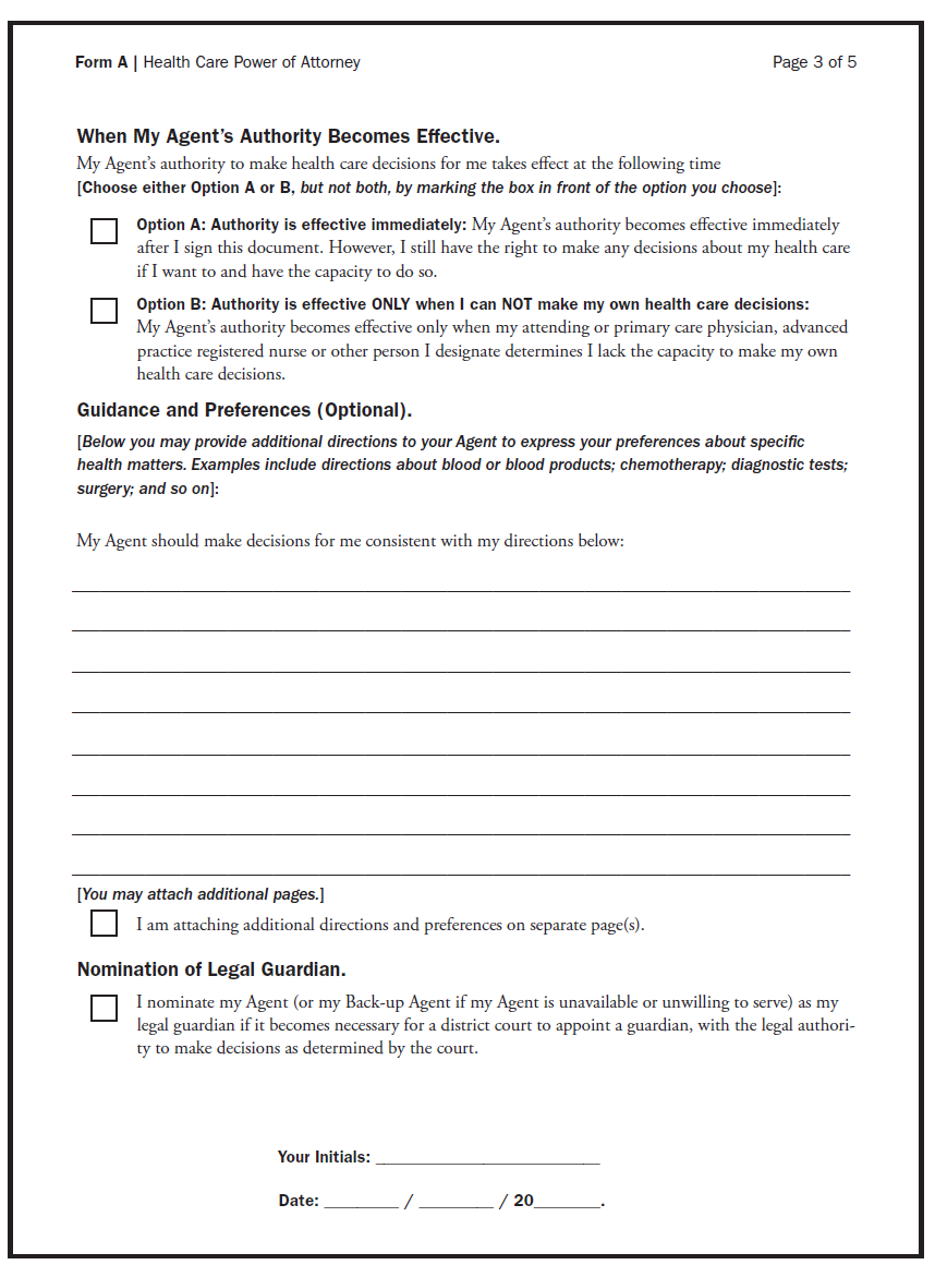 a worksheet assessing health care power of attorney