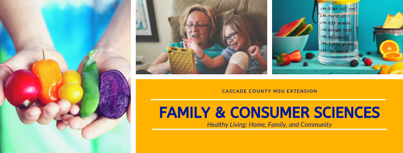 pictures of colorful vegetables in a child's hands, a child and an adult with glasses using a tablet together inside, and a blue counter with colorful fruits and a measuring cup with the text Cascade County MSU Extension Family & Consumer Sciences Healthy Living: Home, Family, and Community