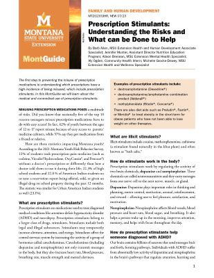 The first page of a PDF. It is completely text, with a title at the top that says "Prescription Stimulants: Understanding the Risks and What can be Done to Help" Contact Jennifer Munter for accessible options.