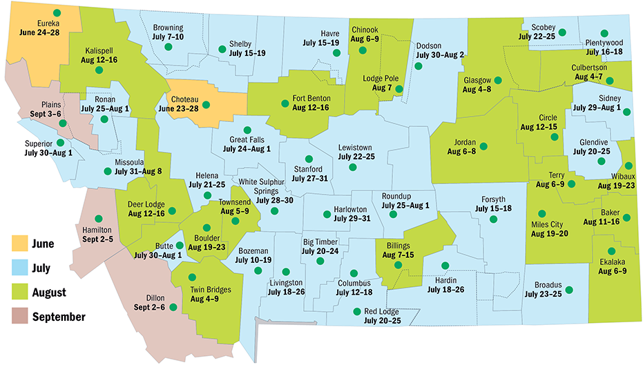 Map of Montana counties that list the locations and dates for the 2026 4-H fairs. The map is color coded: counties with fairs in June are orange, July are blue, August are green, and September are brown.