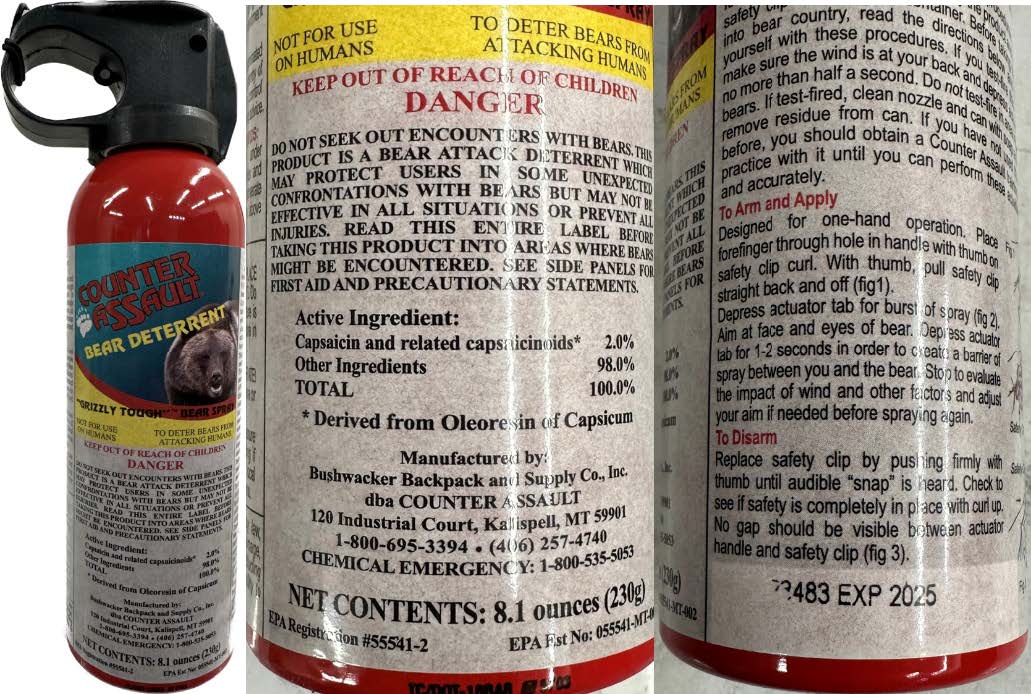 A bear spray can and close-ups of the labels.