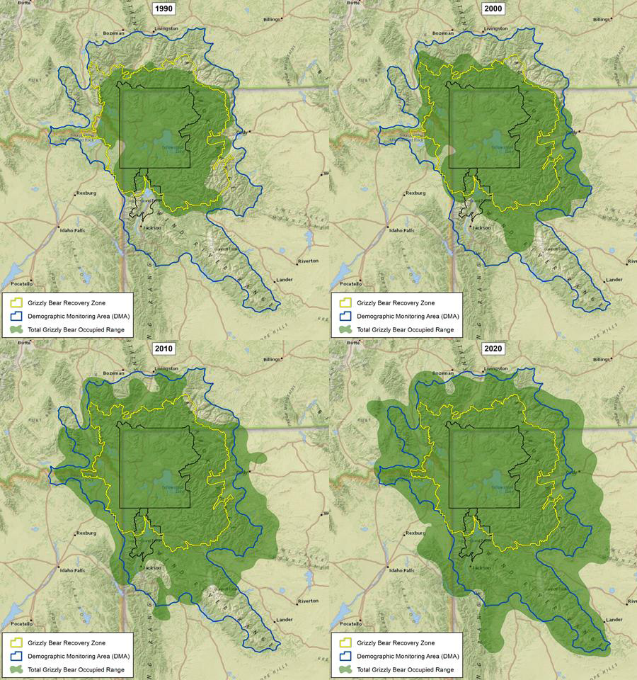 This image shows that grizzly bears occupy a greater range in the Greater Yellowstone Ecosystem than they did 30+ years ago, and that the range has increased in every 10-year data window since 1990.