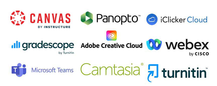 Logos for Canvas by Instructure, Panopto, IClicker Cloud, Gradescope, Adobe Creative Cloud, Webex, Microsoft Teams, Camtasia, and Turnitin