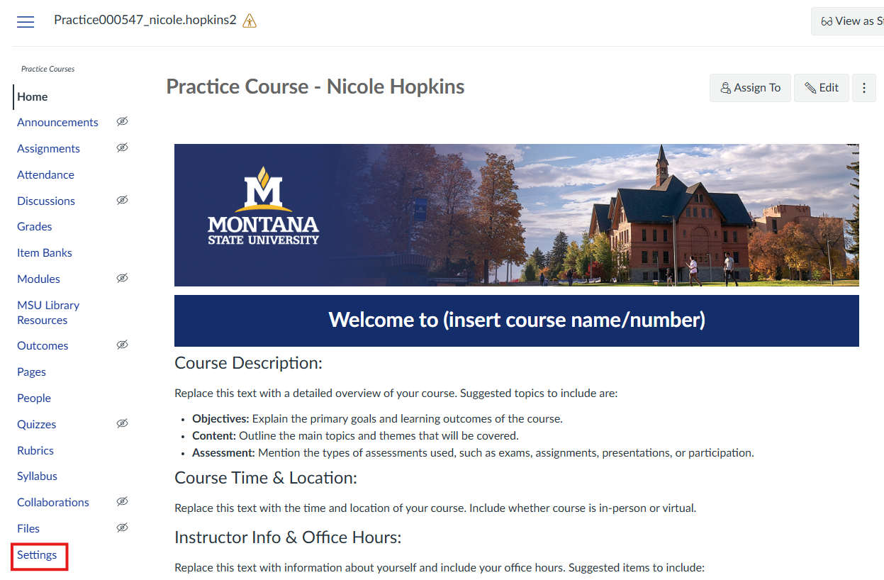 Canvas course navigation with settings highlighted