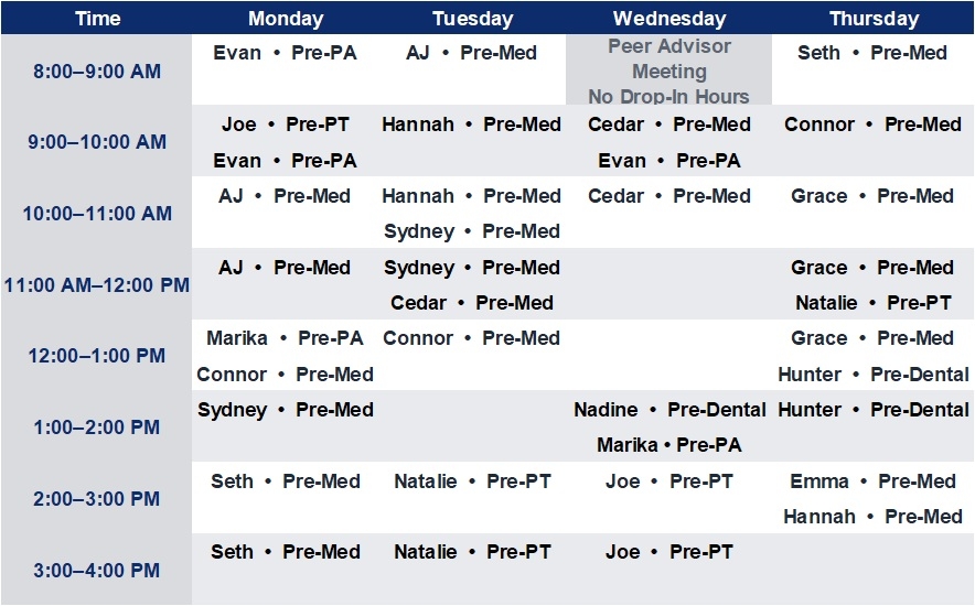 Fall 2026 Peer Advisor Schedule in Table Format