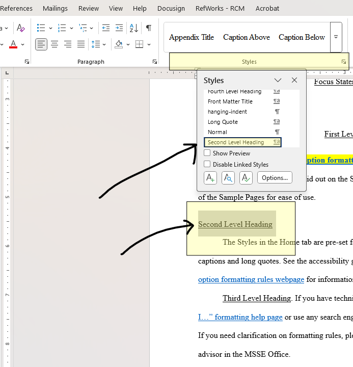 Image showing the selection of the heading 2 style formatting. 