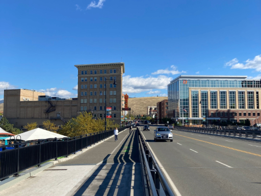 Missoula downtown seen from the middle of Higgins Bridge