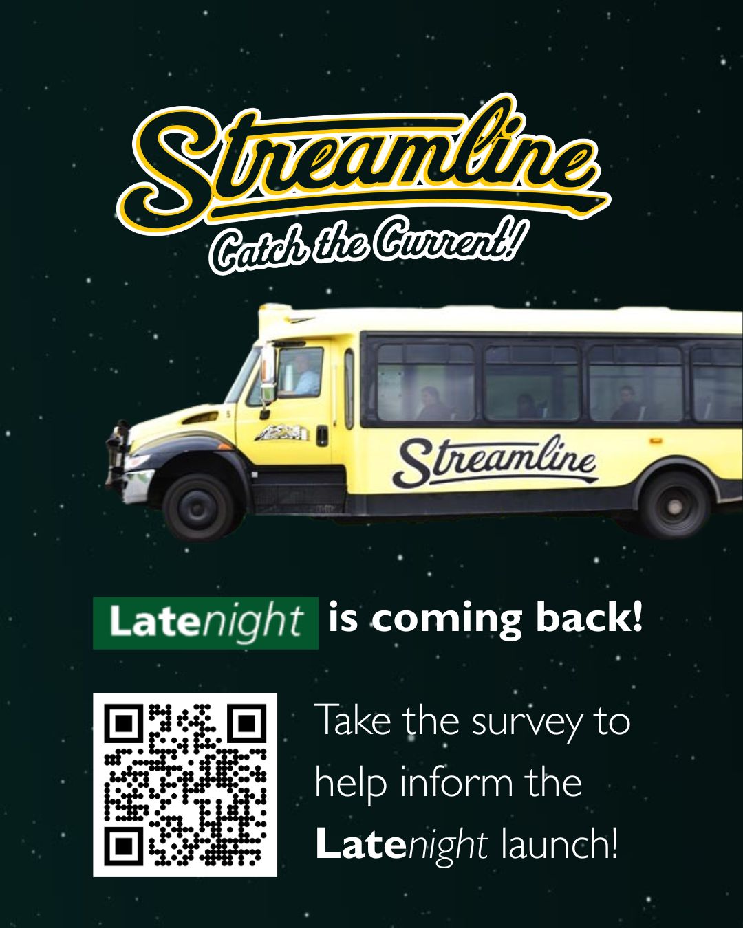 Poster advertising Streamline Late Night with picture of bus and stars
