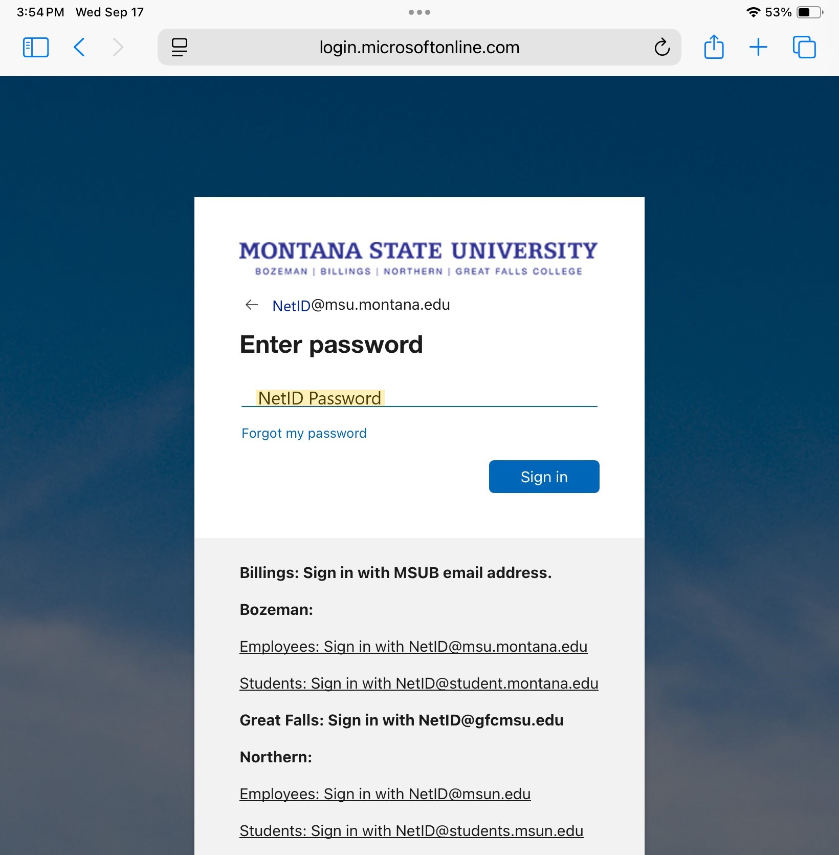 MSU's login page