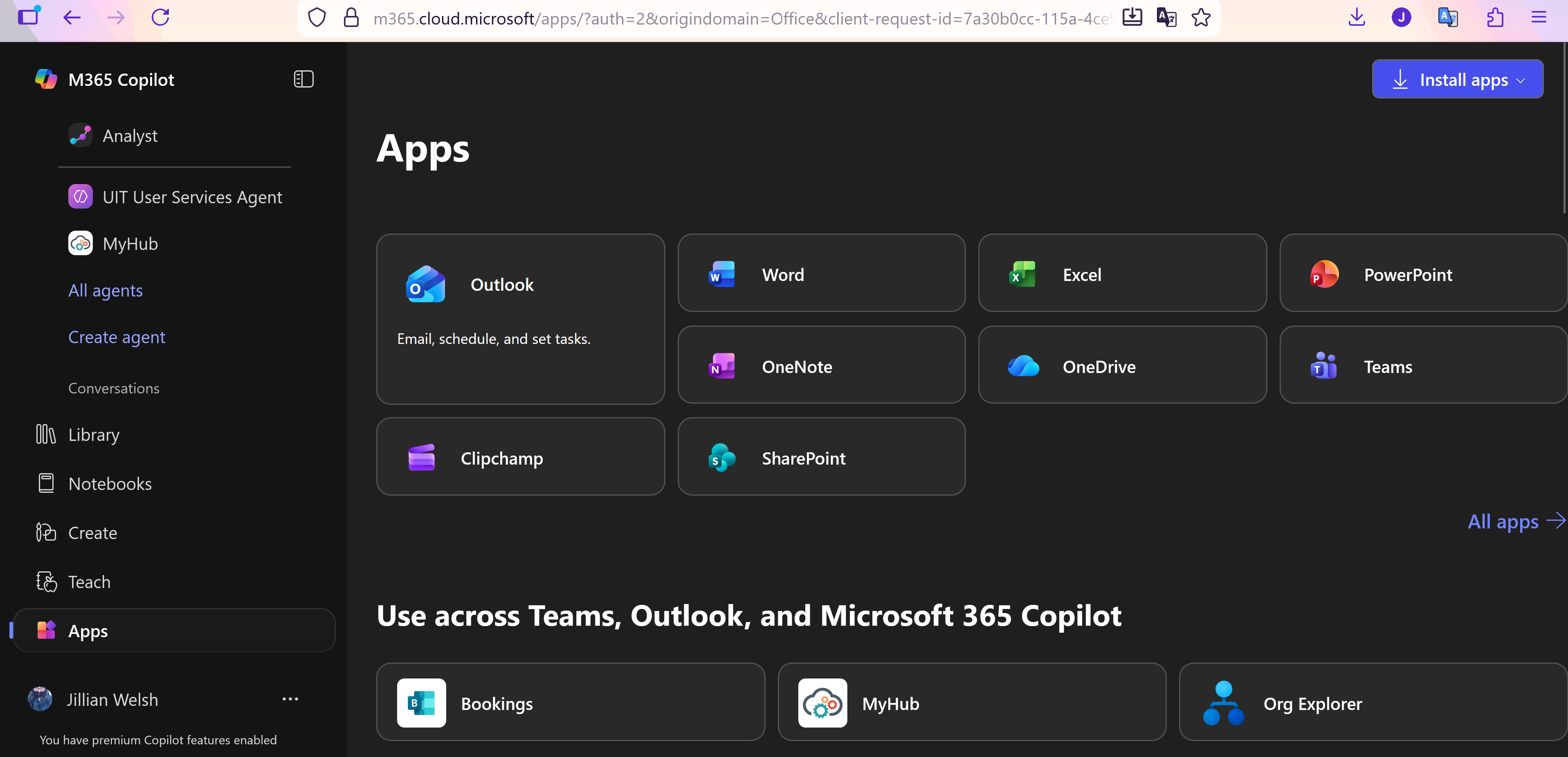 Apps page of Microsoft 365