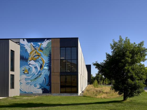 Photo of the Mountains & Mindfulness mural located on the southeast corner of the Student Wellness Center.