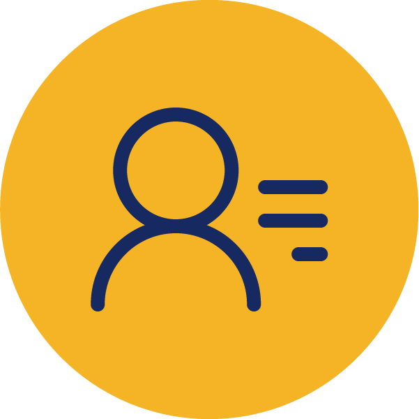 A blue icon of a person with three lines next to them on a yellow circle