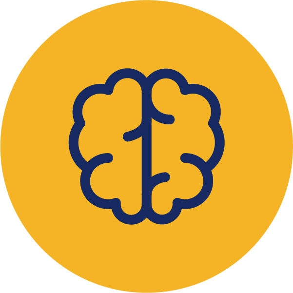 Complex blue brain icon in a yellow circle