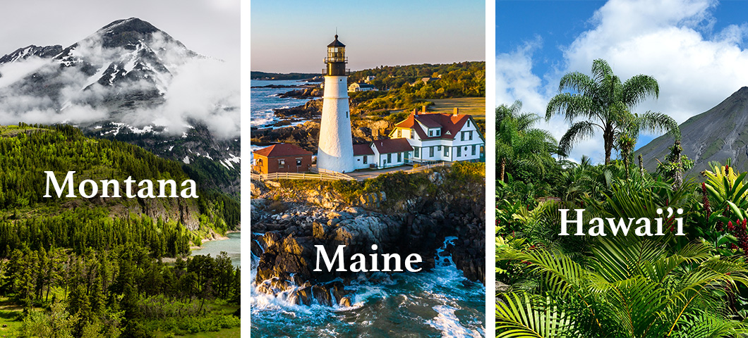 DR K-12 homepage banner showing images of Montana, Maine, and Hawai'i