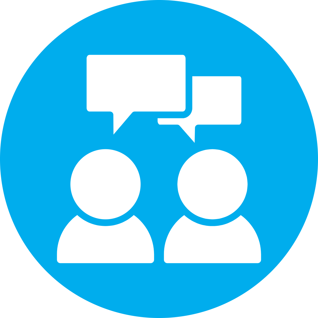 An icon of two people conversing in a blue circle