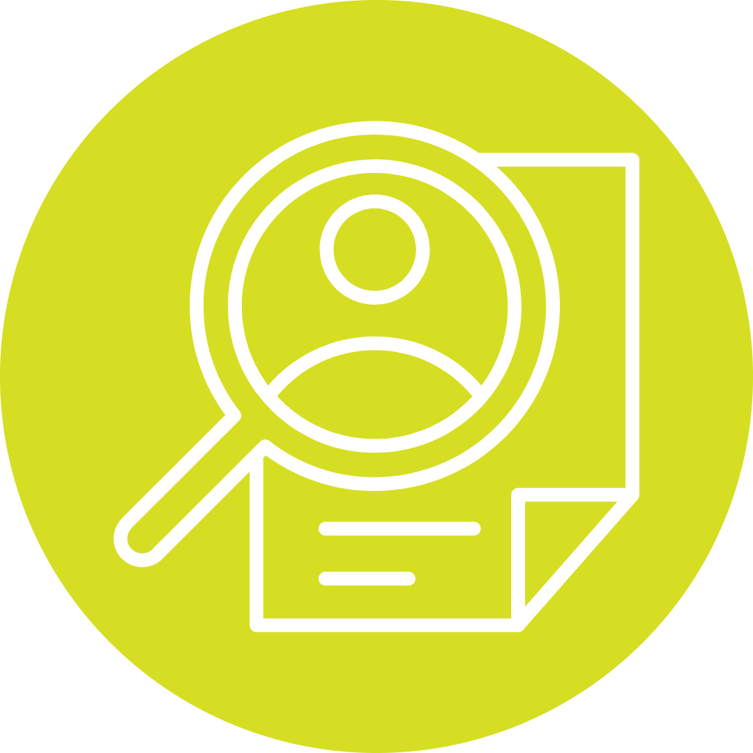 An icon of a magnifying glass looking at a document on a green circle background