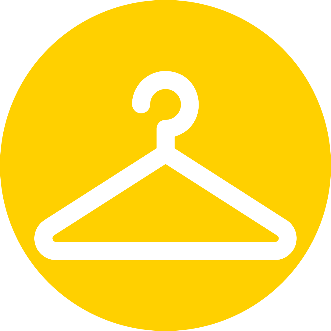 An icon of a clothes hanger in a yellow circle