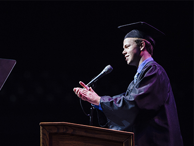 ASMSU president Taylor Blossom speaking at Convocation