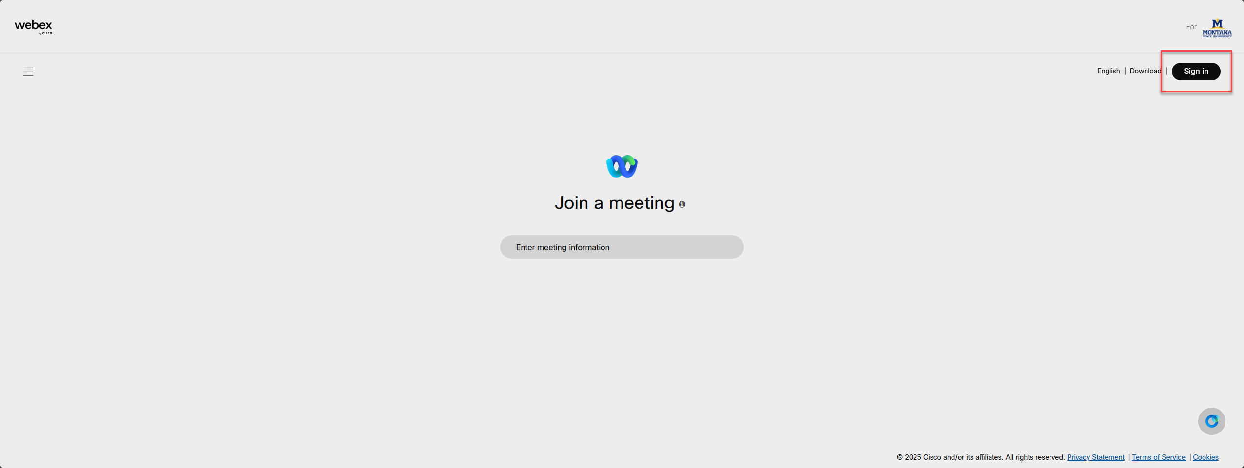 Webex for browser's main login page
