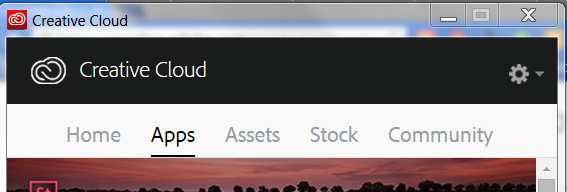 Image showing the tabs available in the creative cloud app: home, apps, assets, stock, community