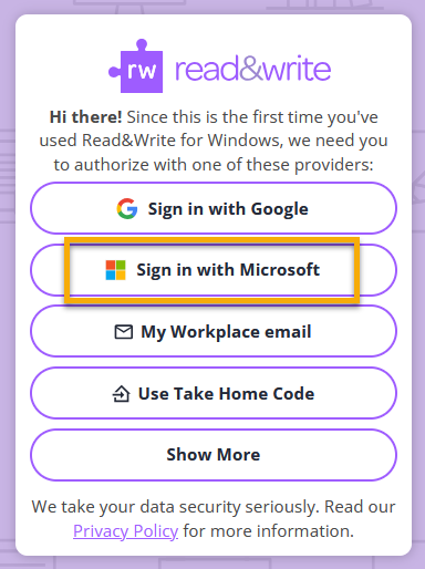 A white background with a list of sign-in options, including Google, Microsoft, Workplace Email, Take Home Code, or Show More. Each option has their corresponding company icon to the left of it. The Microsoft option is highlighted with a yellow square.