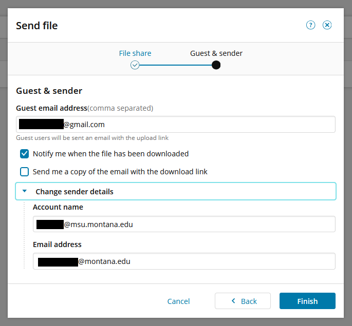 Screenshot of the second page of the Request File form, titled "Guest and Sender". This page asks for the guest email address. You also have the options to check two boxes: "notify me when the file has been downloaded" and "send me a copy of the email with the download link". Below this, you can click the drop-down menu under "change sender details" to change the account name and email address of the requester.
