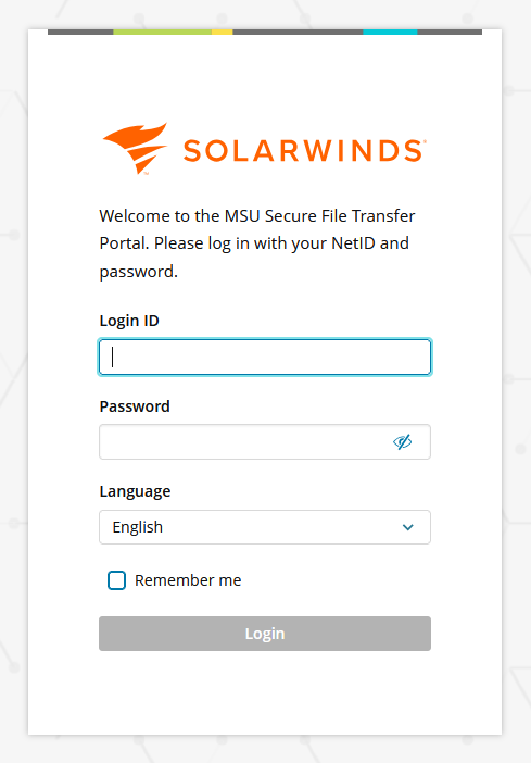 Screenshot of the Solarwinds login page, requesting you log in using your MSU NetID and password. The Solarwinds icon is at the top of the page, which looks like an orange tornado.