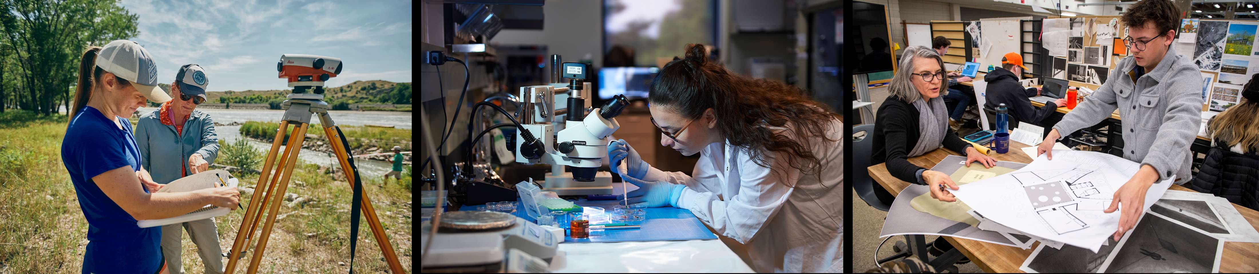 Three images. The first is a stduent and mentor researching by a river, another is a student with a pipette in a lab, and the third is an architecture student and professor. Photos courtsey of Kelly Gorham, MSU